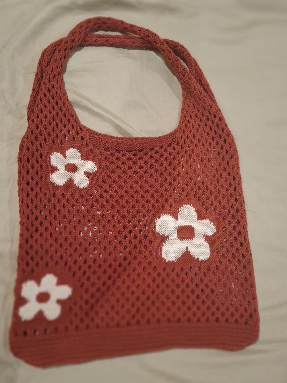 Red Crochet Bag with White Flower Accents